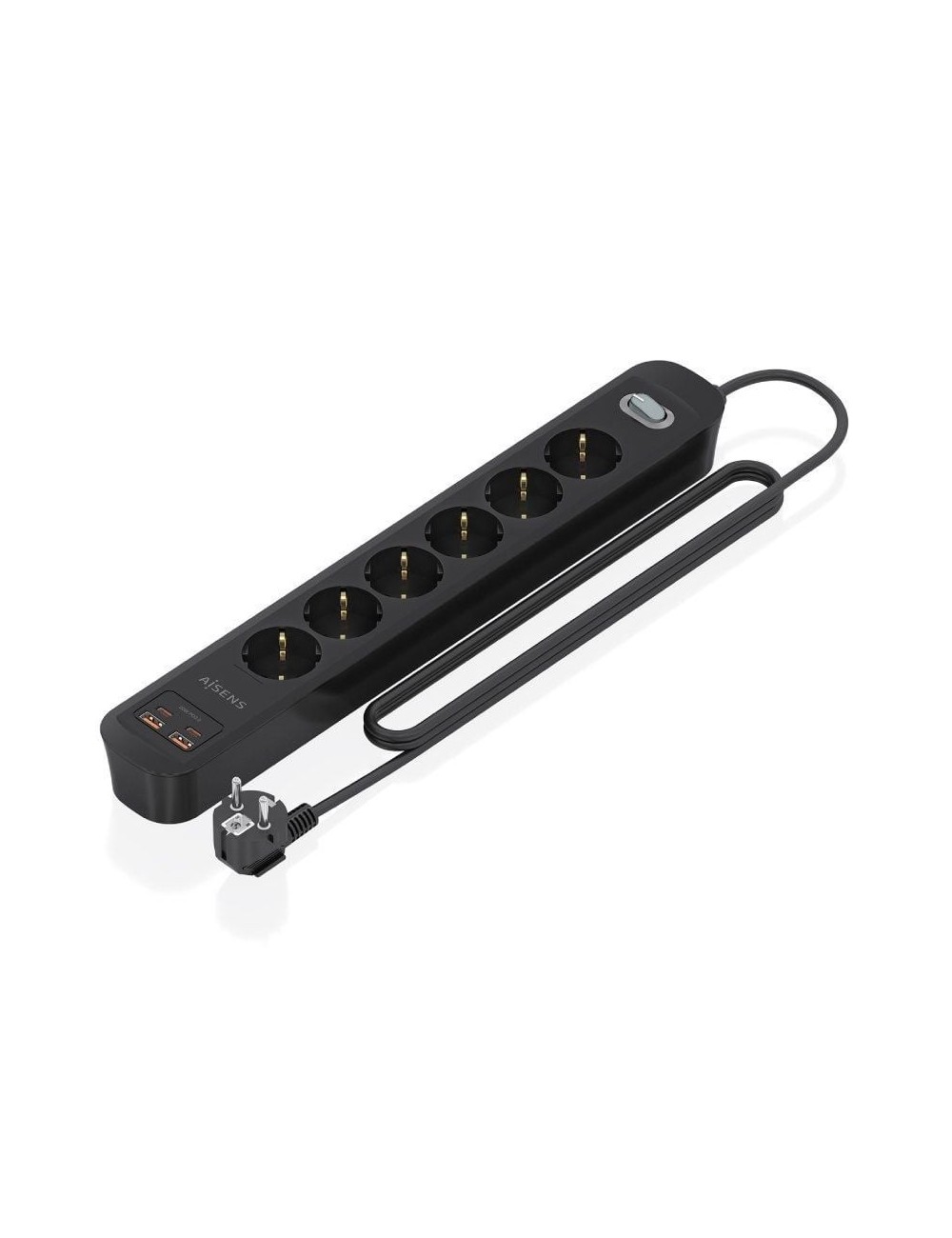 Regleta con Interruptor Aisens ASPS-2A2C17-BK/ 6 Tomas de Corriente/ 2 USB - 2 USB Tipo-C/ Cable 1.4m/ Negro