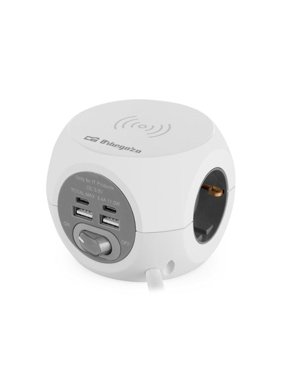 Regleta Orbegozo EN 4500 con Carga inalámbrica/ 3 Tomas de corriente/ 2 USB - 2 USB Tipo C/ Cable 1.5m/ Blanca y Gris