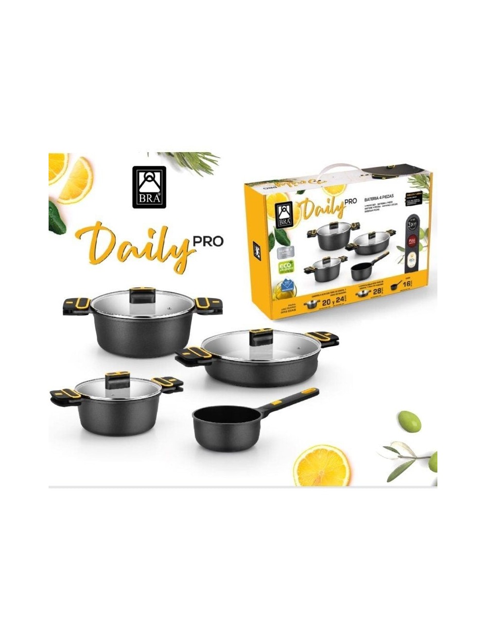 Pack 4 Cacerolas Bra Daily Pro/ Ø16cm/ Ø20cm/ Ø24cm/ Ø28cm/ Apta para Inducción