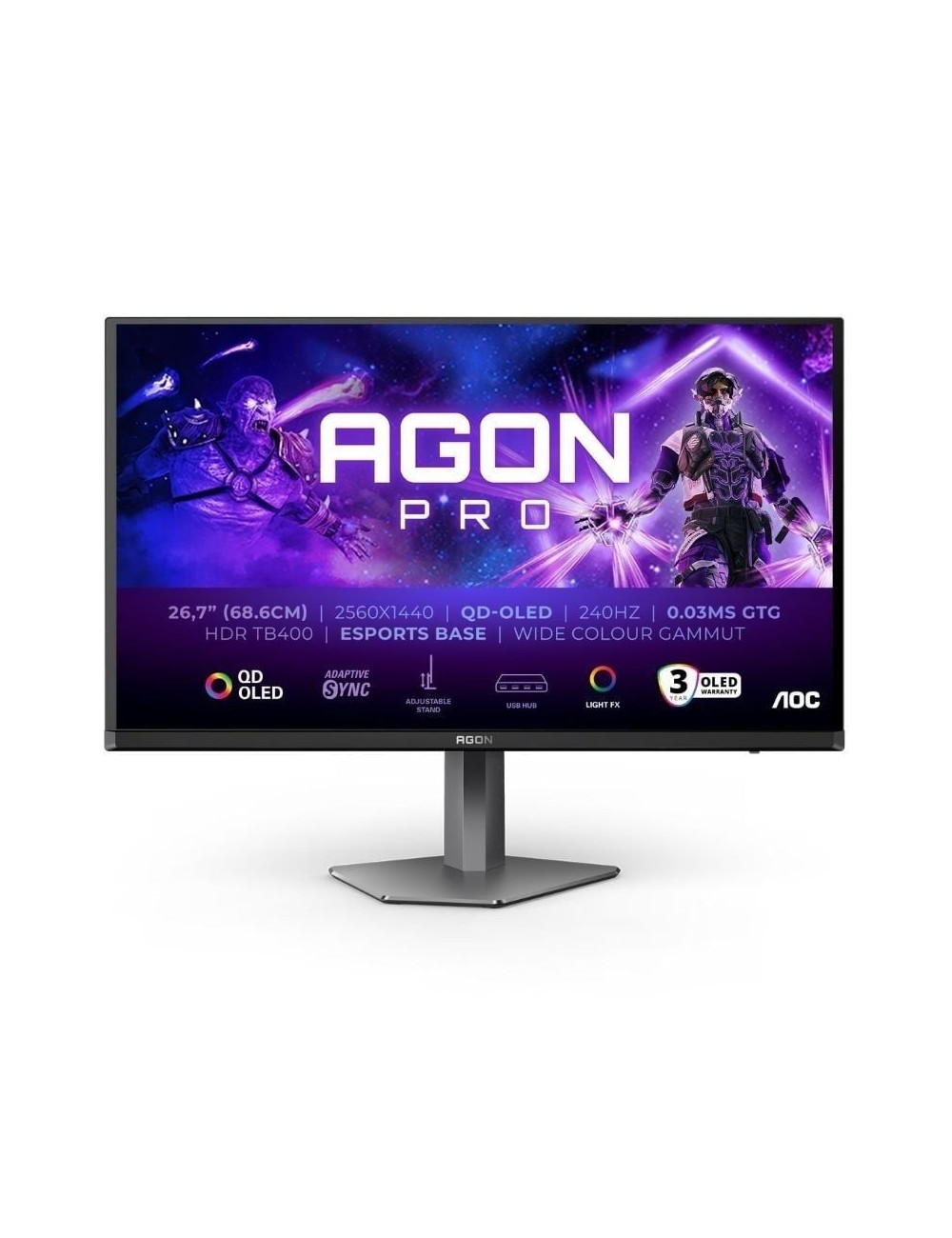 Monitor Gaming AOC AG276QZD2 26.5'/ WQHD/ Multimedia/ 0.03ms/ 240Hz/ QD-OLED/ Regulable en altura/ Negro
