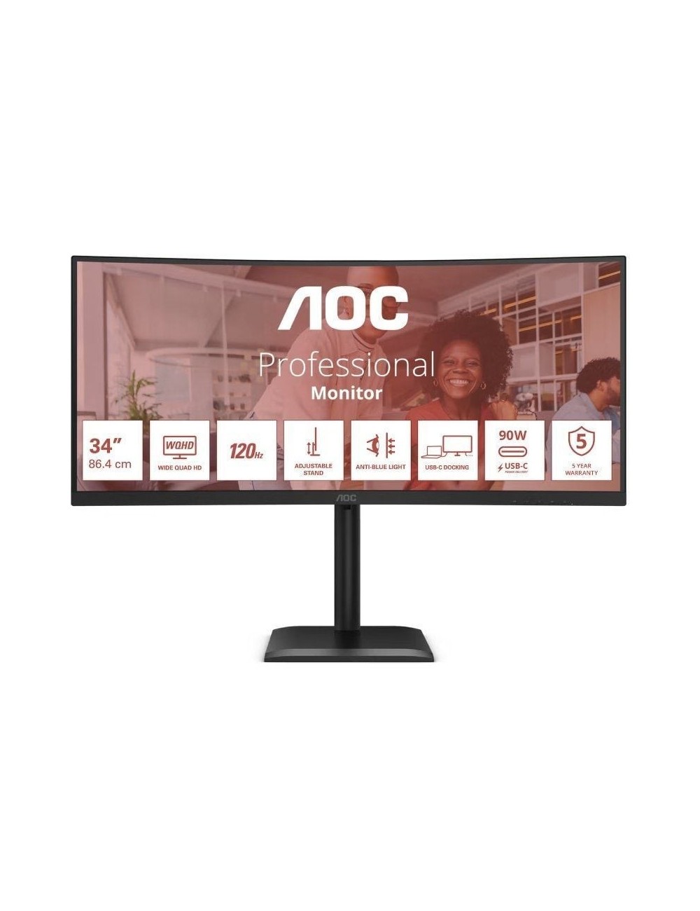 Monitor Profesional Ultrapanorámico Curvo AOC CU34E4CV 34'/ WQHD/ Multimedia/ Regulable en altura/ Negro