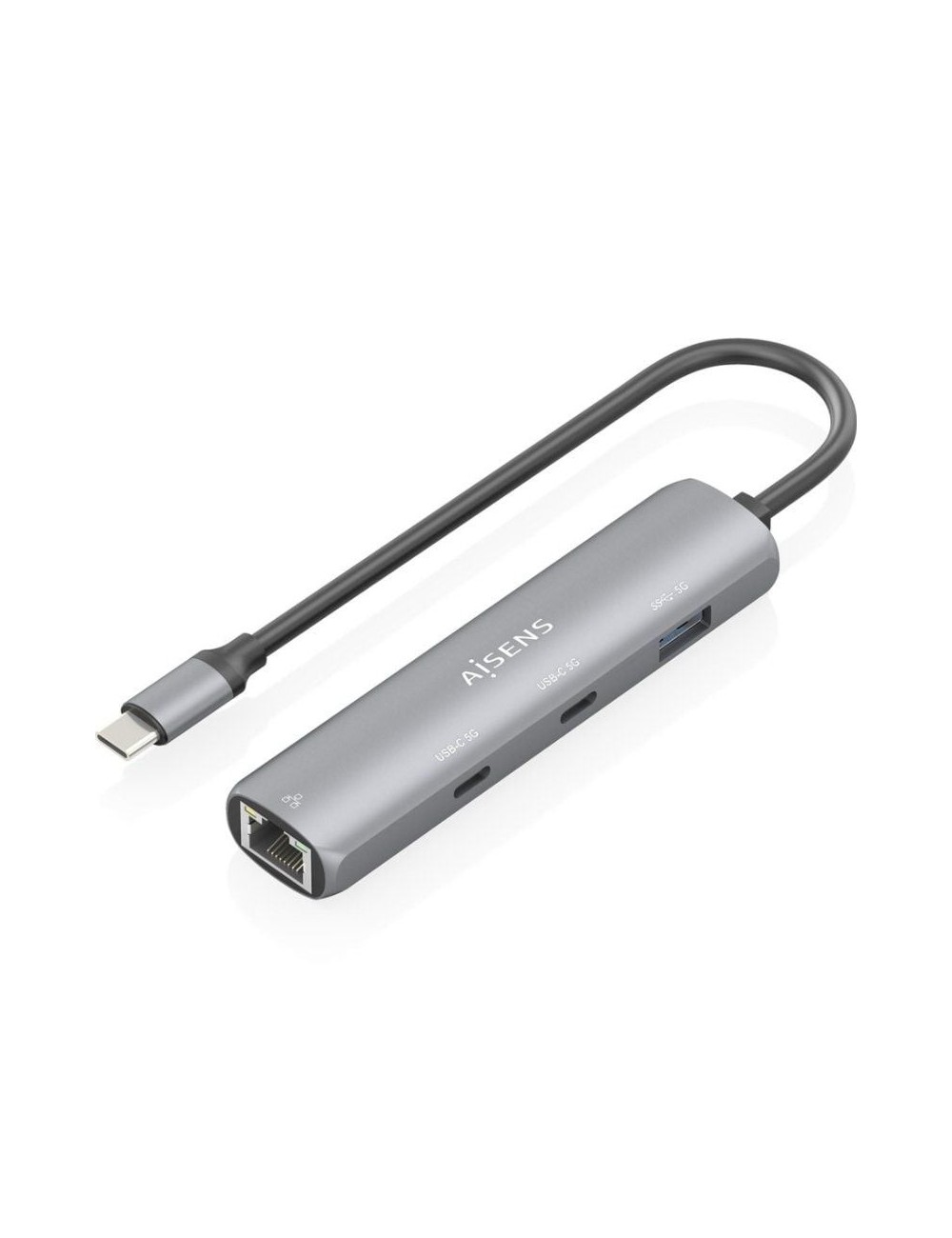 Hub USB Tipo-C Aisens ASUC-4P040-GR/ 2xUSB Tipo-C/ 1xUSB/ 1xRJ45/ Gris