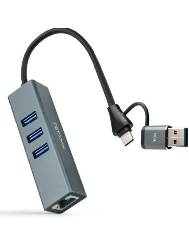 Hub USB + USB Tipo-C 3.0 Nanocable 10.03.0412/ 3xUSB/ 1xRJ45/ Gris