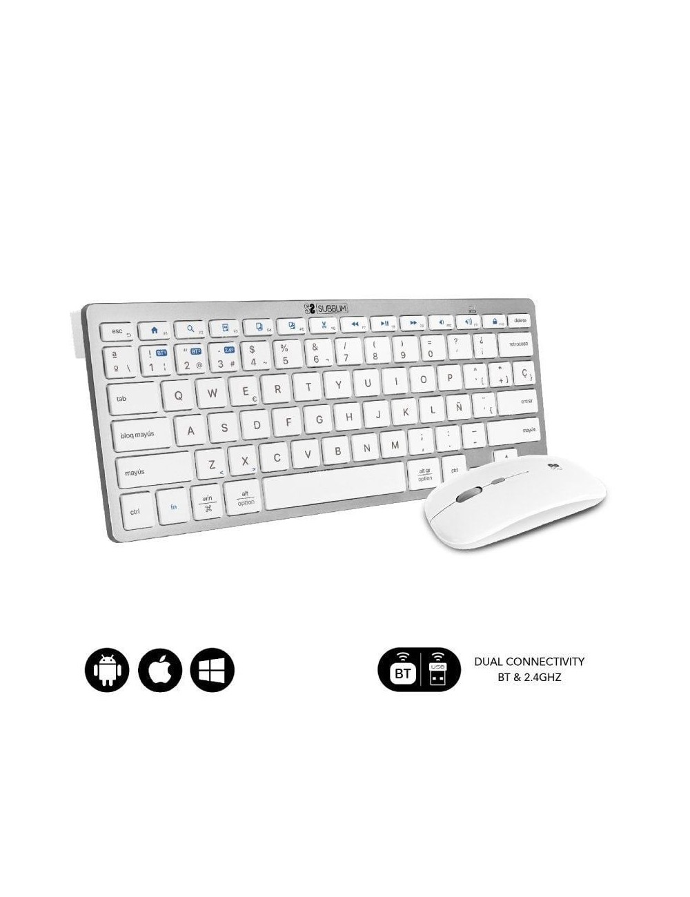 Teclado y Ratón Inalámbrico Subblim OCO010 Combo Multidispositivo Compacto/ Plata