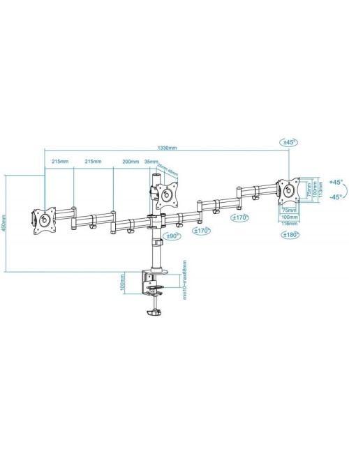 Soporte de Mesa para 3 Monitores TooQ DB1327TN-B/ Giratorio/ Inclinable/ hasta 8kg