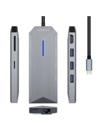 Docking USB Tipo-C Aisens ASUC-8P004-GR/ 1xHDMI 4K/ 3xUSB/ 1xRJ45/ 1xLector Tarjetas / 1xUSB Tipo-C PD/ Gris