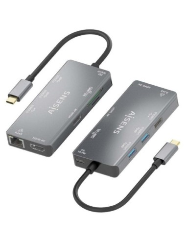 Docking USB Tipo-C Aisens ASUC-9P018-GR/ 2xHDMI 4K/ 3xUSB/ 1xRJ45/ 1xLector Tarjetas/ 1xUSB Tipo-C PD/ Gris