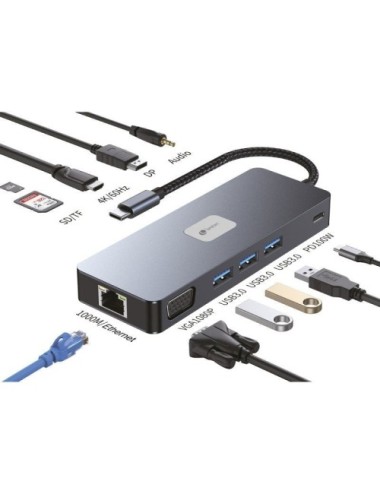 Docking USB Tipo-C Leotec LEDS03/ 3xUSB/ 1xUSB Tipo-C PD/ 1xHDMI 4K/ 1xDisplayPort/ 1xVGA/ 1xAudio/ 1xRJ45/ 1xLector Tarjetas SD