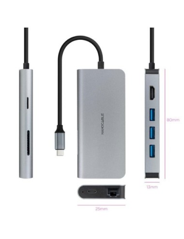 Docking Tipo-C Nanocable 10.16.4609/ 3xUSB/ 1xHDMI 4K/ 1xRJ45/ 1xLector tarjetas/ 1xUSB Tipo-C PD/ Gris