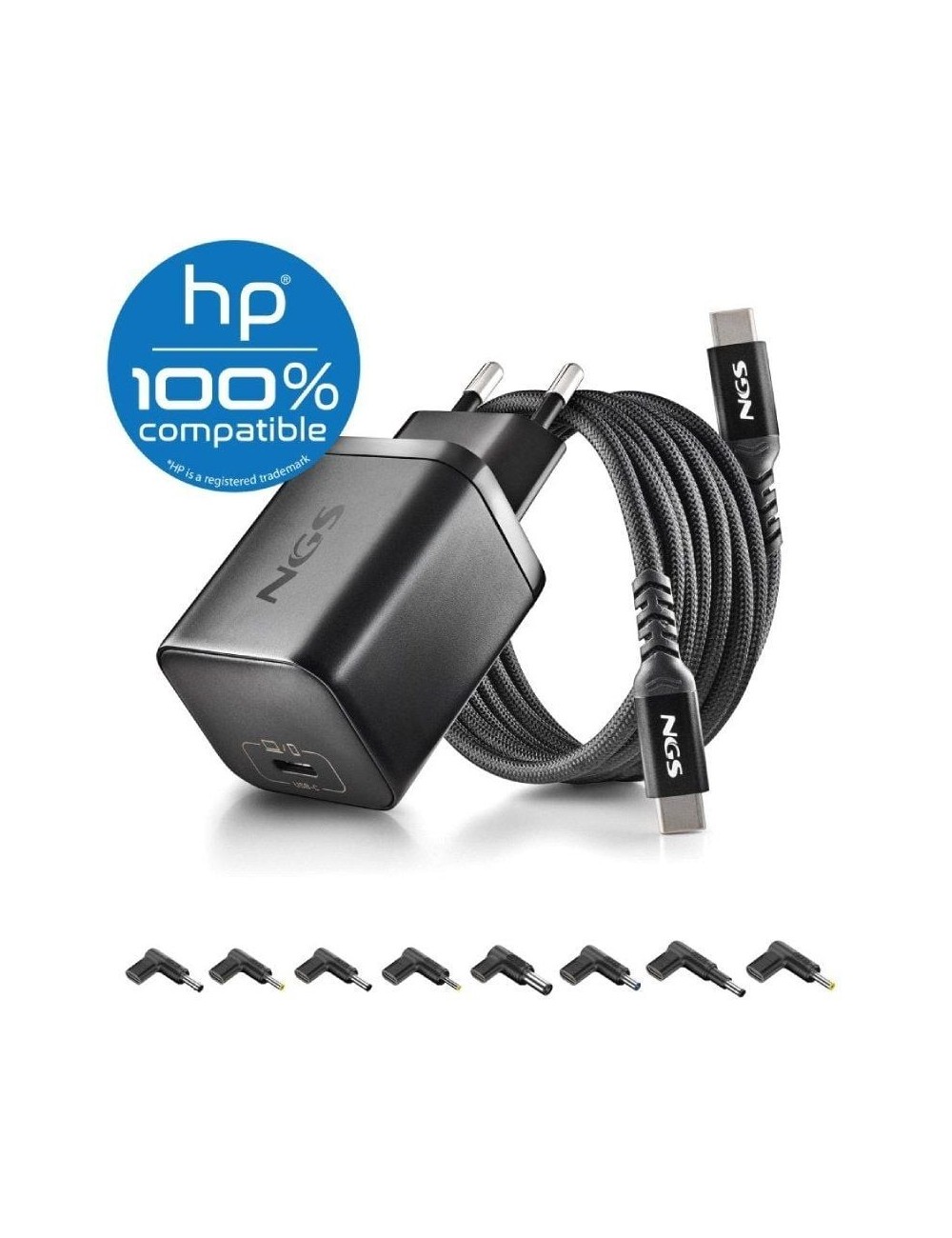 Cargador de Portátil GaN NGS BUD65W-H para HP/ 1xUSB Tipo-C/ 65W/ Automático/ 8 Conectores/ Voltaje 5-20V
