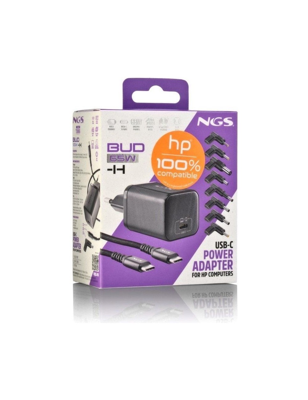 Cargador de Portátil GaN NGS BUD65W-H para HP/ 1xUSB Tipo-C/ 65W/ Automático/ 8 Conectores/ Voltaje 5-20V