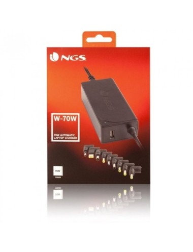 Cargador de Portátil NGS W-70W/ 1xUSB/ 70W/ Automático/ 9 Conectores/ Voltaje 18.5-20V