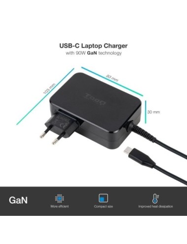 Cargador de Portátil GaN TooQ TQLC-USBCGAN90PD/ 1xUSB Tipo-C/ 90W/ Automático/ Voltaje 5-20V