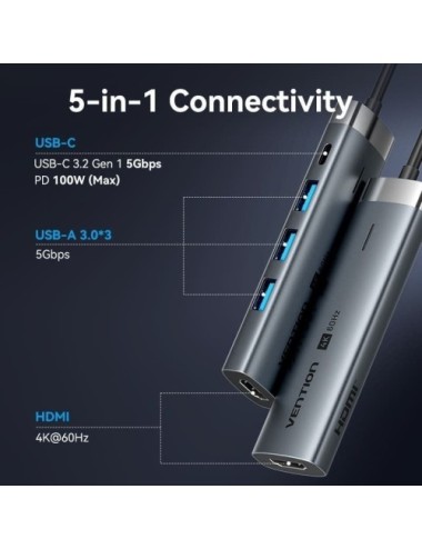 Docking USB Tipo-C Vention TGMHB/ 3xUSB/ 1xHDMI 4K/ 1xUSB Tipo-C PD/ Gris