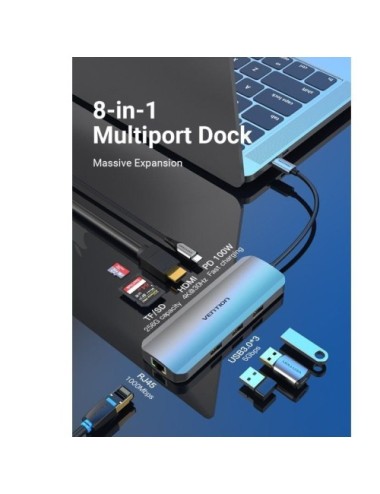 Docking USB Tipo-C Vention TOKHB/ 1xHDMI 4K/ 3xUSB/ 1xUSB Tipo-C PD/ 1xRJ45/ 1xLector Tarjetas SD y MicroSD/ Gris