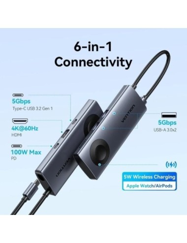 Docking USB Tipo-C con Carga Inalámbrica Vention TPMHB/ 1xHDMI 4K/ 2xUSB/ 1xUSB Tipo-C/ 1xUSB Tipo-C PD/ Gris