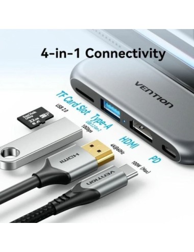 Docking Sin Cables USB Tipo-C Vention THYH0/ 1xUSB/ 1xHDMI/ 1xUSB Tipo-C PD/ 1xLector de Tarjetas/ Gris