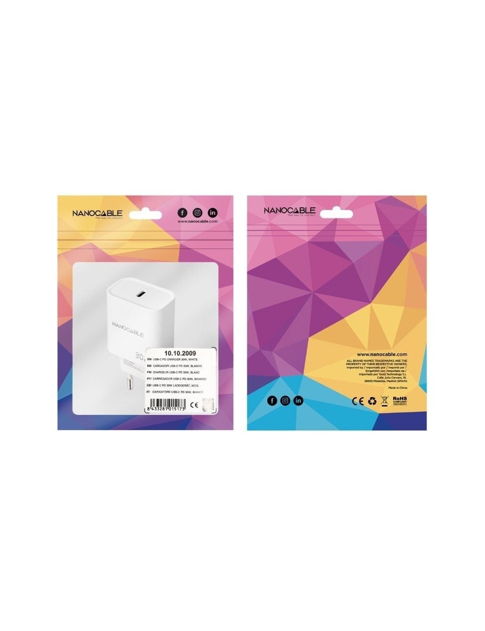 Cargador de Pared Nanocable 10.10.2009/ 1xUSB Tipo-C/ 30W/ Blanco