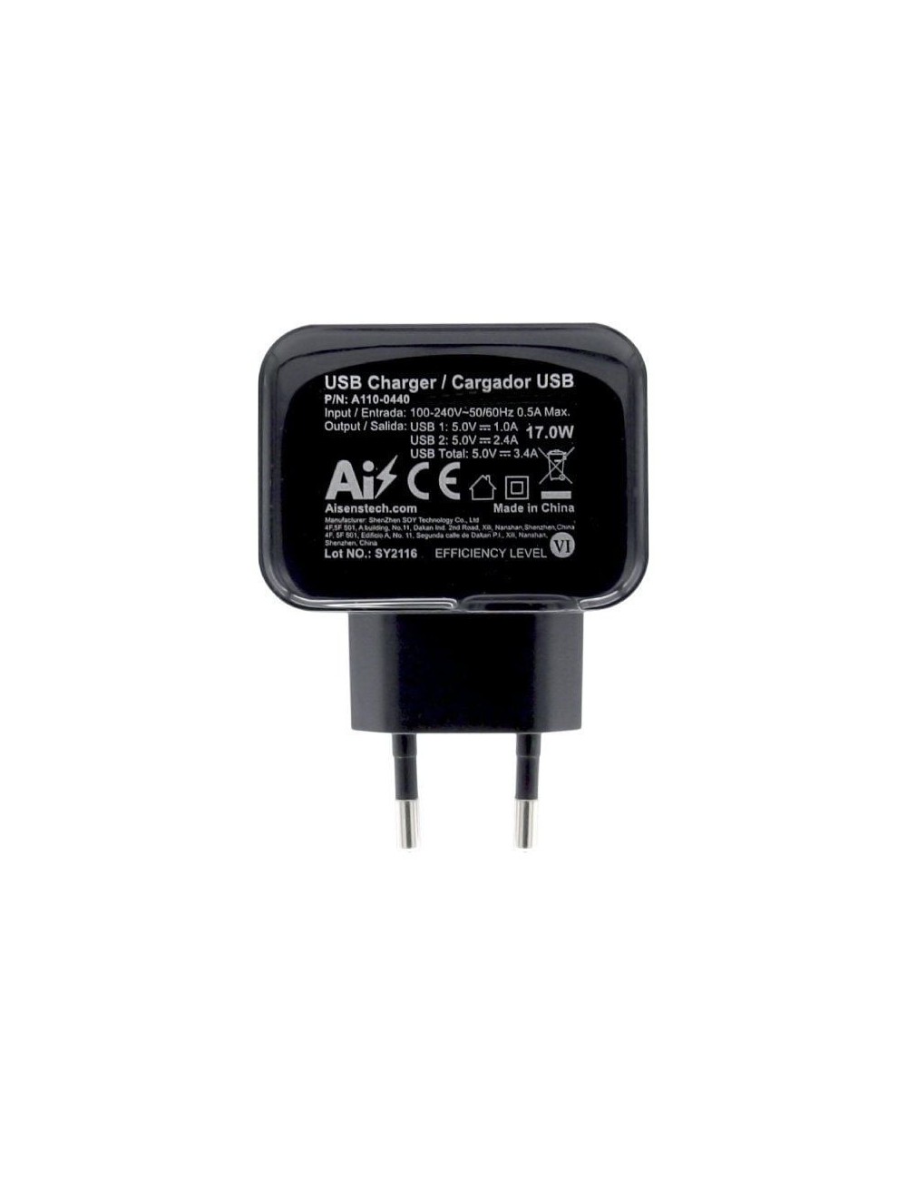 Cargador de Pared Aisens A110-0440/ 2xUSB/ 17W