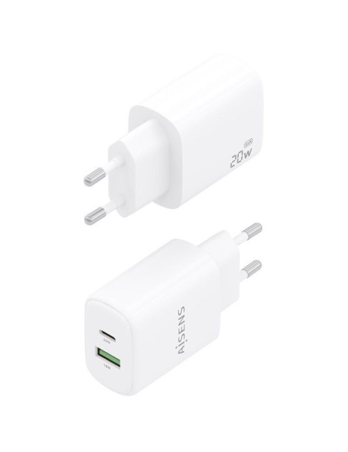 Cargador de Pared GaN Aisens A110-0909/ 1xUSB Tipo-C/ 1xUSB/ 20W/ Blanco