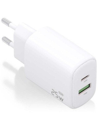 Cargador de Pared GaN Aisens A110-0911/ 1xUSB Tipo-C/ 1xUSB/ 25W/ Blanco