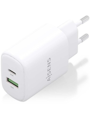 Cargador de Pared GaN Aisens A110-0911/ 1xUSB Tipo-C/ 1xUSB/ 25W/ Blanco