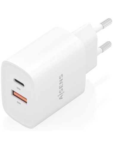 Cargador de Pared GaN Aisens A110-0952/ 1xUSB Tipo-C/ 1xUSB/ 30W/ Blanco