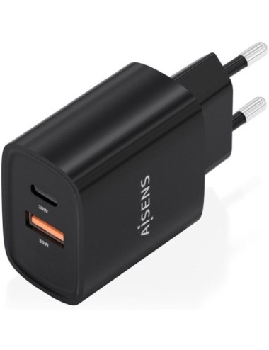 Cargador de Pared GaN Aisens A110-0953/ 1xUSB Tipo-C/ 1xUSB/ 30W/ Negro