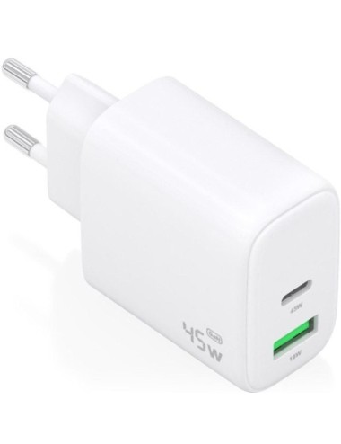 Cargador de Pared GaN Aisens A110-0971/ 1xUSB Tipo-C/ 1xUSB/ 45W/ Blanco