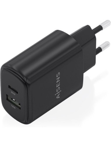 Cargador de Pared GaN Aisens A110-0978/ 1xUSB Tipo-C/ 1xUSB/ 30W/ Negro