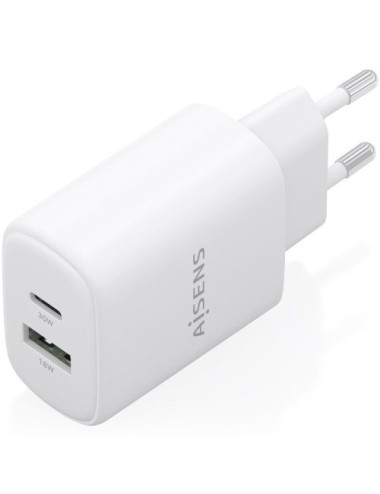 Cargador de Pared GaN Aisens A110-0977/ 1xUSB Tipo-C/ 1xUSB/ 30W/ Blanco