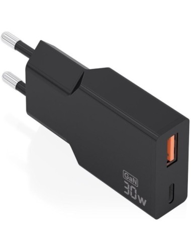 Cargador de Pared GaN Aisens A110-1005/ 1xUSB Tipo-C/ 1xUSB/ 30W/ Negro
