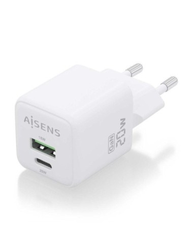 Cargador de Pared GaN Aisens ASCH-20W2P010-W/ 1xUSB Tipo-C/ 1xUSB/ 20W