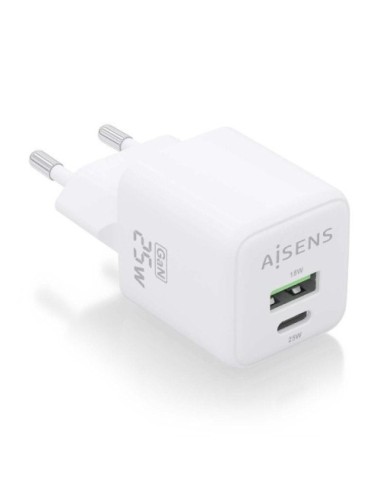 Cargador de Pared GaN Aisens ASCH-25W2P014-W/ 1xUSB Tipo-C/ 1xUSB/ 25W