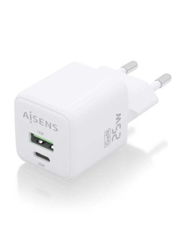 Cargador de Pared GaN Aisens ASCH-25W2P014-W/ 1xUSB Tipo-C/ 1xUSB/ 25W