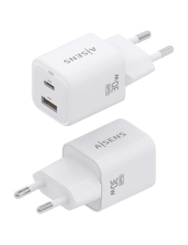 Cargador de Pared GaN Aisens ASCH-30W2P020-W/ 1xUSB Tipo-C/ 1xUSB/ 30W