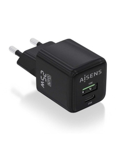 Cargador de Pared GaN Aisens ASCH-25W2P015-BK/ 1xUSB Tipo-C/ 1xUSB/ 25W