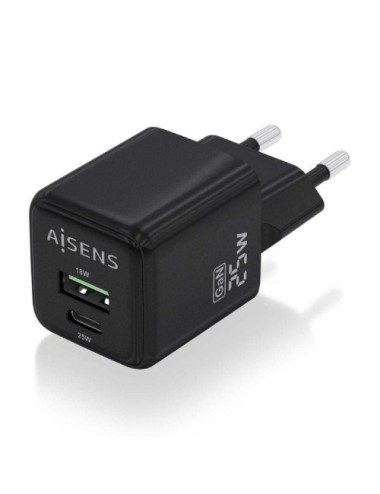 Cargador de Pared GaN Aisens ASCH-25W2P015-BK/ 1xUSB Tipo-C/ 1xUSB/ 25W