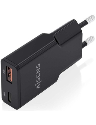 Cargador de Pared GaN Aisens ASCH-30W2P047-BK/ 1xUSB Tipo-C/ 1xUSB/ 30W/ Negro