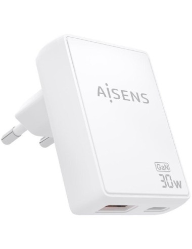 Cargador de Pared GaN Aisens ASCH-30W2P074-W/ 1xUSB Tipo-C/ 1xUSB/ 30W/ Blanco