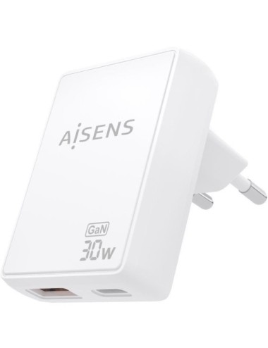 Cargador de Pared GaN Aisens ASCH-30W2P074-W/ 1xUSB Tipo-C/ 1xUSB/ 30W/ Blanco