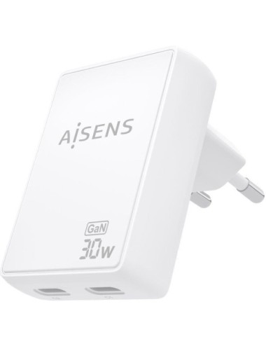 Cargador de Pared GaN Aisens ASCH-30W2P075-W/ 2xUSB Tipo-C/ 30W/ Blanco