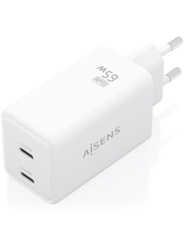 Cargador de Pared GaN Aisens ASCH-65W2P078-W/ 2xUSB Tipo-C/ 65W/ Blanco