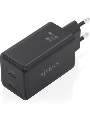 Cargador de Pared GaN Aisens ASCH-65W2P079-BK/ 2xUSB Tipo-C/ 65W/ Negro