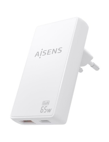 Cargador de Pared GaN Aisens ASCH-65W2P076-W/ 1xUSB Tipo-C/ 1xUSB/ 65W/ Blanco
