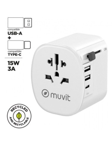 Cargador de Pared Universal Muvit For Change MCADP0006/ Toma de Corriente Universal/ 1xUSB Tipo-C/ 2xUSB/ 15W