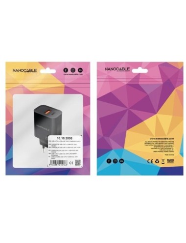 Cargador de Pared Nanocable 10.10.2008/ 1xUSB/ 1xUSB Tipo-C/ 20W/ Negro