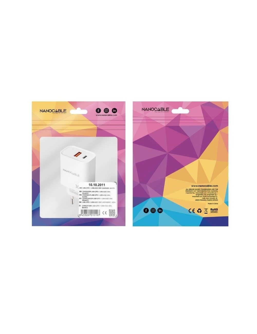 Cargador de Pared Nanocable 10.10.2011/ 1xUSB/ 1xUSB Tipo-C/ 30W/ Blanco