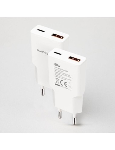 Cargador de Pared Nanocable 10.10.2028/ 1xUSB Tipo-C/ 1xUSB Macho/ 30W/ Blanco