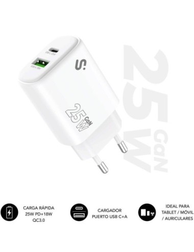 Cargador de Pared GaN Subblim 25W Charger USB C+A/ 1xUSB Tipo-C/ 1xUSB/ 25W